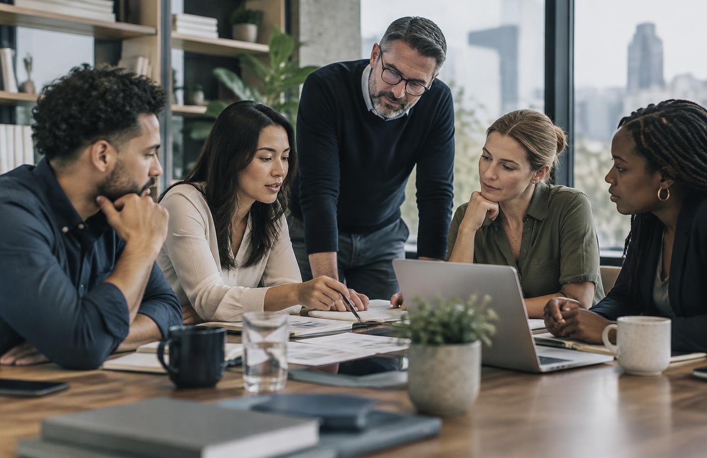 A team working together in a calm, bright office