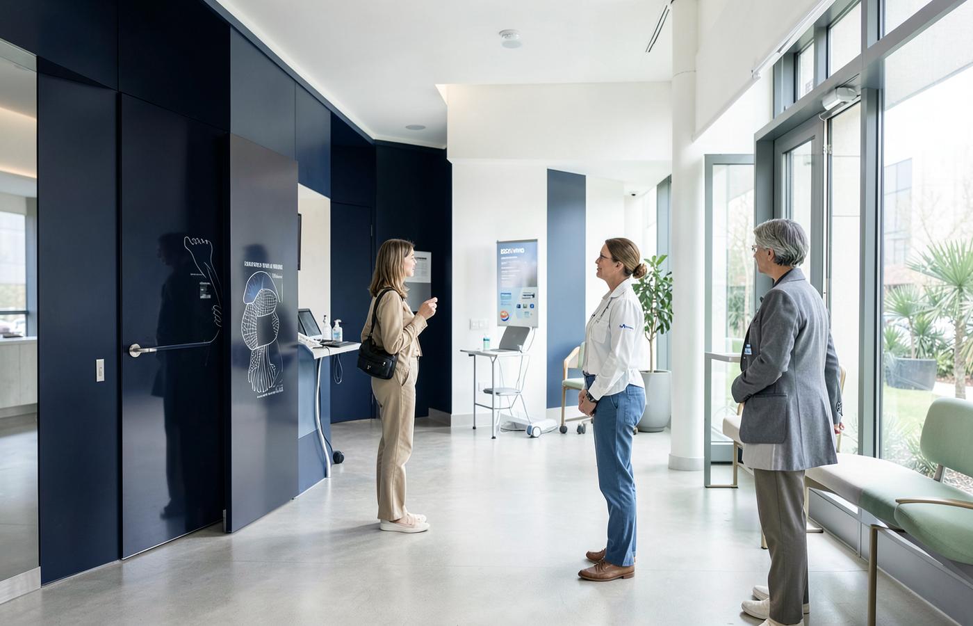 A citizen speaking with a clinician in a modern health setting