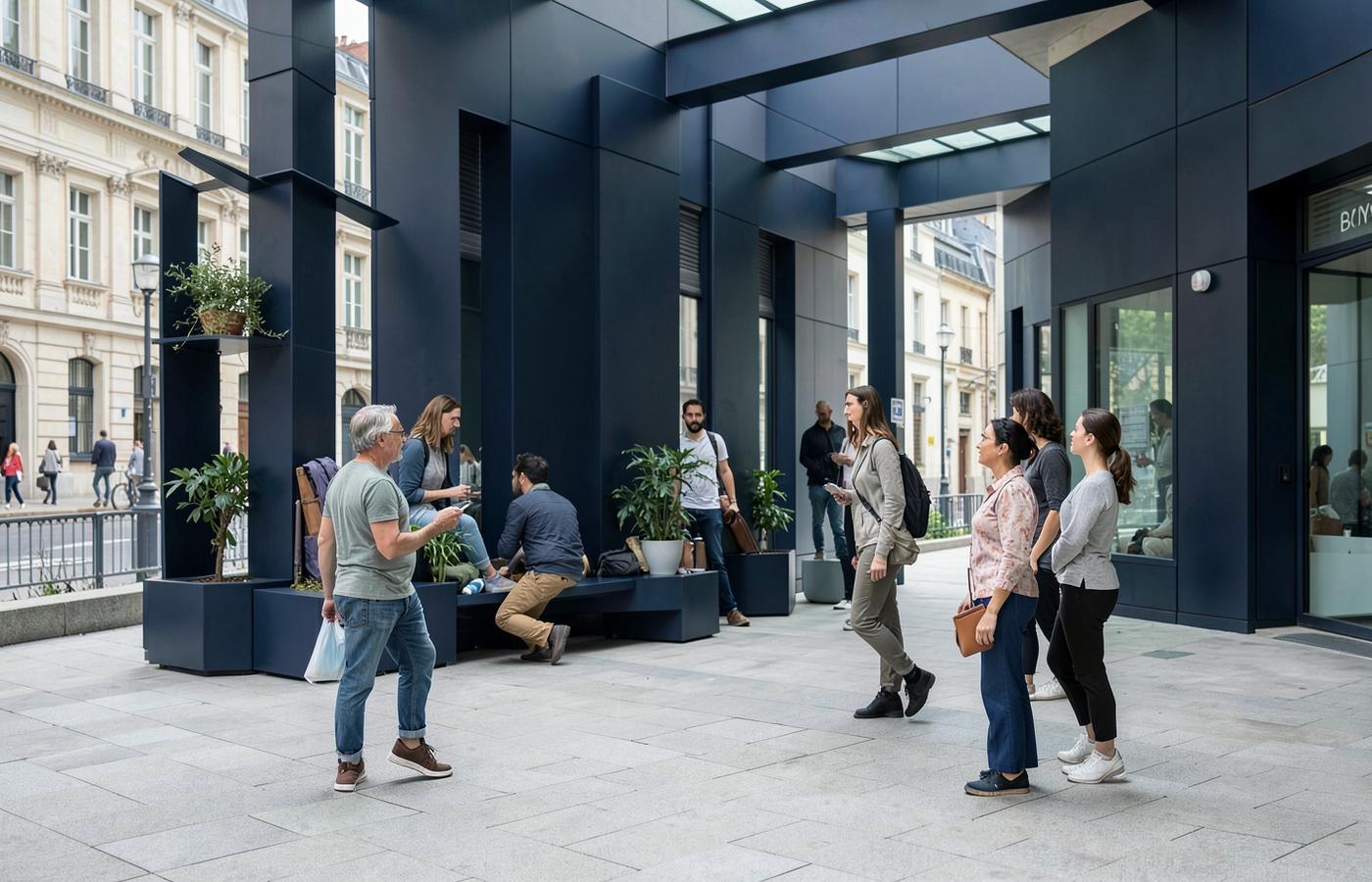 People engaging in a calm public wellness space